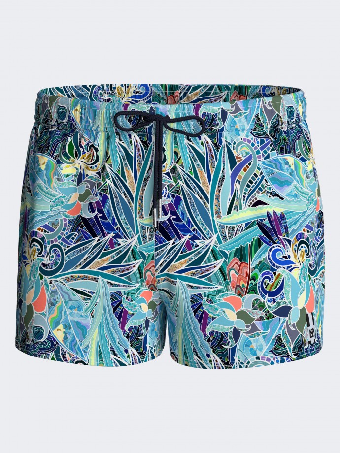 Short de bain court imprim tropicale