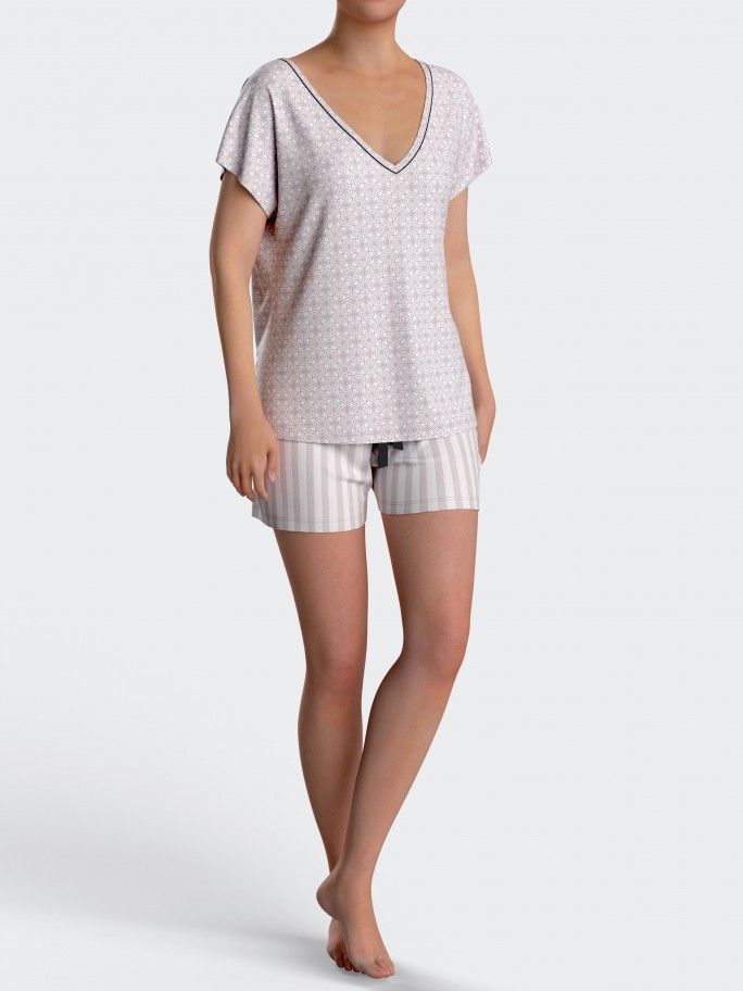 Kurzer Damen-Pyjama mit Knpfen aus Baumwoll-Modal